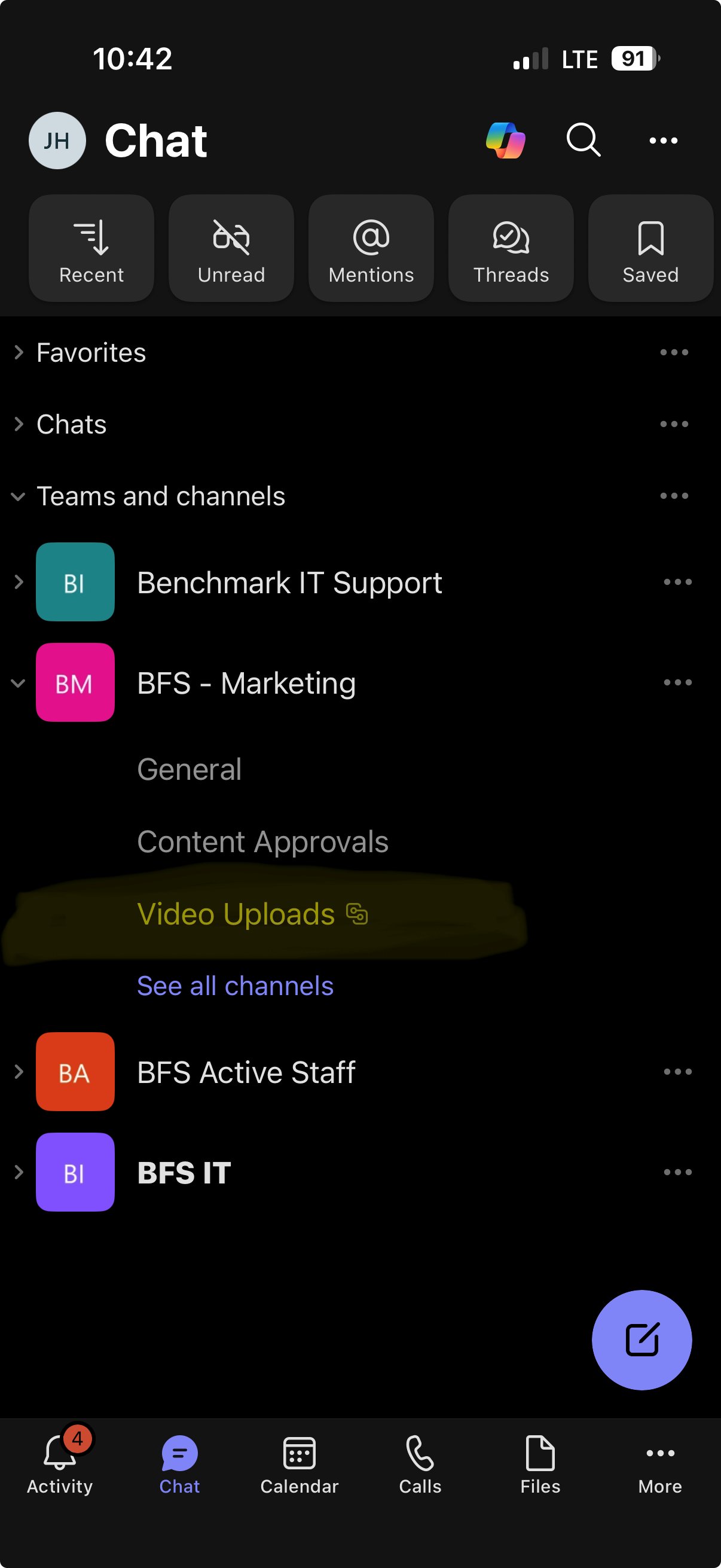 Teams showing Video Uploads channel